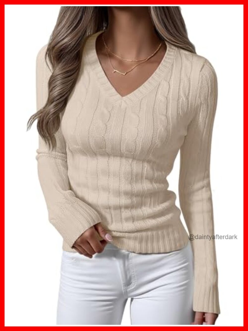 Cable Knit V Neck Long Sleeve Fitted Pullover Sweater